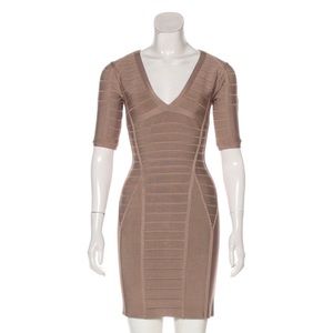 Herve Leger Beige Short Sleeve Bandage Dress